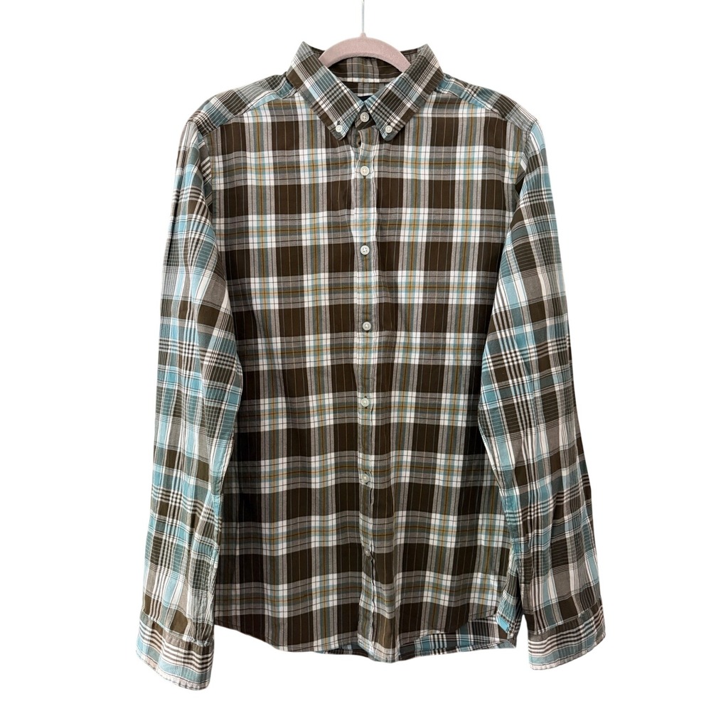 NWT Gap Men's L Brown Blue White Plaid Button Down Shirt | SKU 1011